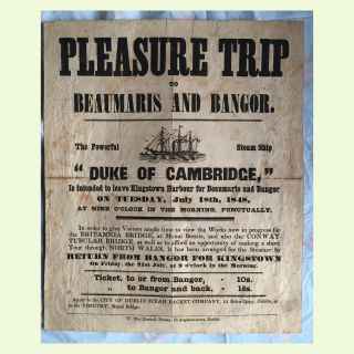 Original Advertising Poster for a. -Pleasure Trip to Beaumaris and Bangor- starting from Kingstown Harbour, Dublin.